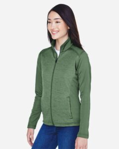 Devon & Jones DG796W Women’s Newbury Colorblock Mélange Fleece Full-Zip Jacket – Forest/ Forest Heather (on model side)