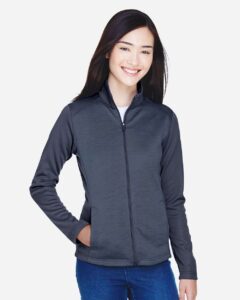 Devon & Jones DG796W Women’s Newbury Colorblock Mélange Fleece Full-Zip Jacket – Navy/ Navy Heather (on model)