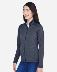 Devon & Jones DG796W Women’s Newbury Colorblock Mélange Fleece Full-Zip Jacket – Navy/ Navy Heather (on model side)