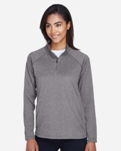Devon & Jones DG440W Women’s Stretch Tech-Shell® Compass Quarter-Zip Pullover – Dark Grey Heather (on model)