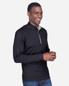 Devon & Jones DG479 Men’s DRYTEC20™ Performance Quarter-Zip Pullover – Black/ Grey Heather/ Graphite (on model side)