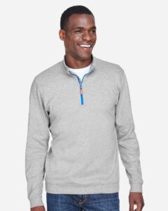 Devon & Jones DG479 Men’s DRYTEC20™ Performance Quarter-Zip Pullover – Grey Heather/ Grey H/ French Blue (on model)