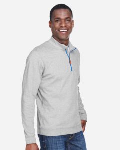 Devon & Jones DG479 Men’s DRYTEC20™ Performance Quarter-Zip Pullover – Grey Heather/ Grey H/ French Blue (on model side)