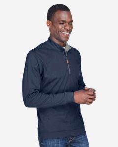 Devon & Jones DG479 Men’s DRYTEC20™ Performance Quarter-Zip Pullover – Navy/ Grey Heather/ Graphite (on model side)