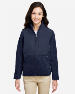 CORE365 CE890W Women’s Journey Summit Hybrid Full-Zip – Classic Navy/ Classic Navy (on model)