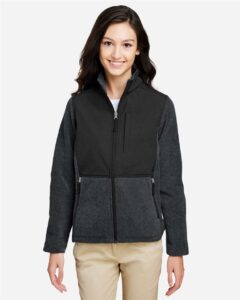 CORE365 CE890W Women’s Journey Summit Hybrid Full-Zip – Heather Charcoal/ Black (on model)