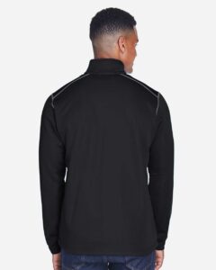 Devon & Jones DG796 Men’s Newbury Colorblock Mélange Fleece Full-Zip jacket – Black Heather/ Dark Grey Heather (on model back)