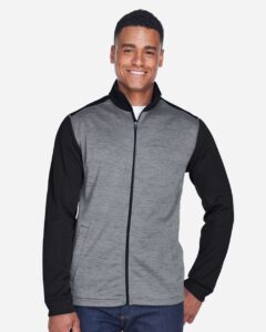 Devon & Jones DG796 Men’s Newbury Colorblock Mélange Fleece Full-Zip jacket – Black Heather/ Dark Grey Heather (on model)