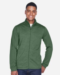 Devon & Jones DG796 Men’s Newbury Colorblock Mélange Fleece Full-Zip jacket – Forest/ Forest Heather (on model)