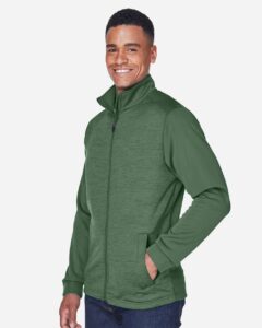 Devon & Jones DG796 Men’s Newbury Colorblock Mélange Fleece Full-Zip jacket – Forest/ Forest Heather (on model side)