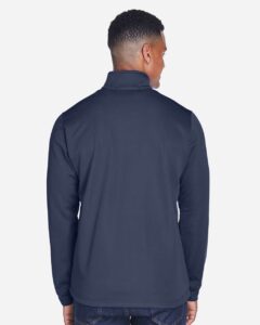 Devon & Jones DG796 Men’s Newbury Colorblock Mélange Fleece Full-Zip jacket – Navy/ Navy Heather (on model back)