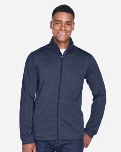 Devon & Jones DG796 Men’s Newbury Colorblock Mélange Fleece Full-Zip jacket – Navy/ Navy Heather (on model)