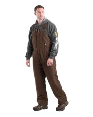 Berne Apparel B377 Men’s Heartland Insulated Washed Duck Bib Overall – Bark (on model)