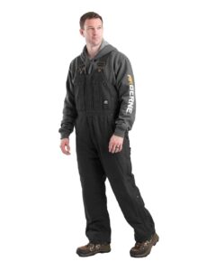 Berne Apparel B377 Men’s Heartland Insulated Washed Duck Bib Overall – Black (on model)