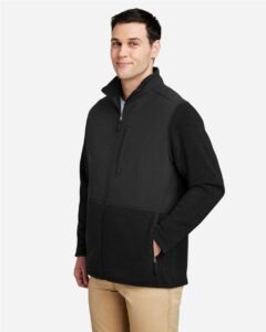 CORE365 CE890 Men’s Journey Summit Hybrid Full-Zip – Black/ Black (on model side)