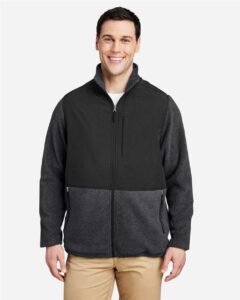 CORE365 CE890 Men’s Journey Summit Hybrid Full-Zip – Heather Charcoal/ Black (on model)