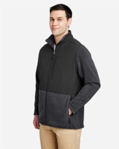 CORE365 CE890 Men’s Journey Summit Hybrid Full-Zip – Heather Charcoal/ Black (on model side)