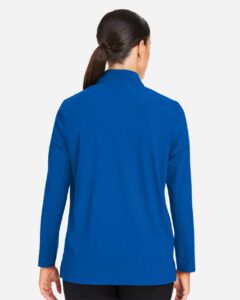 Devon & Jones DG410W Women’s CrownLux Performance® Windsor Welded Quarter-Zip Pullover – French Blue (on model back)