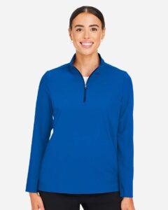 Devon & Jones DG410W Women’s CrownLux Performance® Windsor Welded Quarter-Zip Pullover – French Blue (on model)
