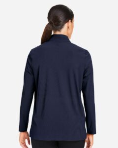 Devon & Jones DG410W Women’s CrownLux Performance® Windsor Welded Quarter-Zip Pullover – Navy (on model back)