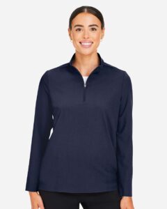 Devon & Jones DG410W Women’s CrownLux Performance® Windsor Welded Quarter-Zip Pullover – Navy (on model)