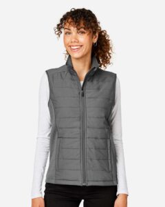 Devon & Jones DG706W Women’s New Classics® Charleston Hybrid Vest – Graphite Melange/ Graphite (on model)