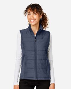 Devon & Jones DG706W Women’s New Classics® Charleston Hybrid Vest – Navy Melange/ Navy (on model)