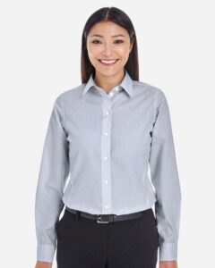 Devon & Jones DG534W Women’s Crown Collection® Striped Woven Dress Shirt – Navy/ White (on model)