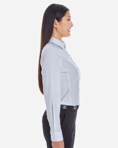 Devon & Jones DG534W Women’s Crown Collection® Striped Woven Dress Shirt – Navy/ White (on model side)
