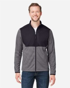 CORE365 CE74 Men’s Venture Heathered Stripe Hybrid Jacket – Black/ White (on model)