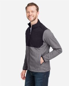 CORE365 CE74 Men’s Venture Heathered Stripe Hybrid Jacket – Black/ White (on model side)