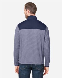 CORE365 CE74 Men’s Venture Heathered Stripe Hybrid Jacket – Classic Navy/ White (on model back)