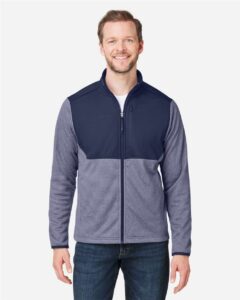 CORE365 CE74 Men’s Venture Heathered Stripe Hybrid Jacket – Classic Navy/ White (on model)
