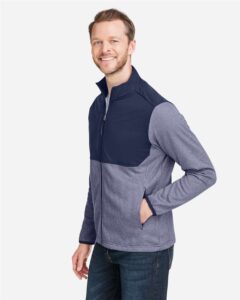 CORE365 CE74 Men’s Venture Heathered Stripe Hybrid Jacket – Classic Navy/ White (on model side)