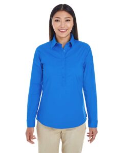 Devon & Jones DP610W Women’s Perfect Fit™ Half-Placket Tunic Dress Shirt – French Blue (on model)