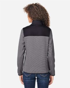 CORE365 CE74W Women’s Venture Heathered Stripe Hybrid Jacket – Black/ White (on model back)