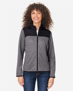 CORE365 CE74W Women’s Venture Heathered Stripe Hybrid Jacket – Black/ White (on model)