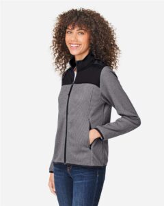 CORE365 CE74W Women’s Venture Heathered Stripe Hybrid Jacket – Black/ White (on model side)