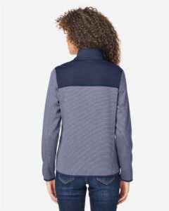 CORE365 CE74W Women’s Venture Heathered Stripe Hybrid Jacket – Classic Navy/ White (on model back)
