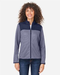 CORE365 CE74W Women’s Venture Heathered Stripe Hybrid Jacket – Classic Navy/ White (on model)