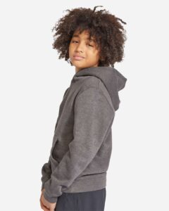 Lane Seven LS1401Y Youth Premium Hoodie Sweatshirt – Charcoal Heather (on model side)