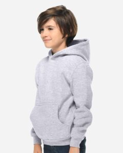 Lane Seven LS1401Y Youth Premium Hoodie Sweatshirt – Heather Grey (on model side)