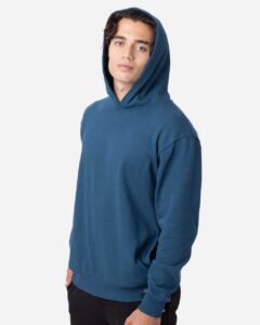 econscious EC5300 Unisex Reclaimist Fiber Hooded Sweatshirt – Tidal Blue (on model side)