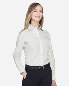 Devon & Jones DG510W Women’s Crown Collection® Micro Tattersall Woven Dress Shirt – White/ Forest/ Lime (on model side)