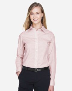 Devon & Jones DG510W Women’s Crown Collection® Micro Tattersall Woven Dress Shirt – White/ Rust/ Stone (on model)