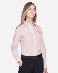 Devon & Jones DG510W Women’s Crown Collection® Micro Tattersall Woven Dress Shirt – White/ Rust/ Stone (on model side)