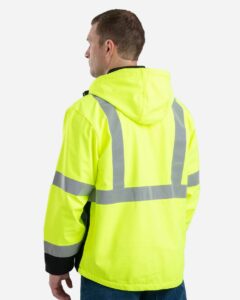 Berne Apparel HVJS206 Men’s Hi-Vis Class 3 Hooded Soft Shell Jacket – Yellow (on model back)