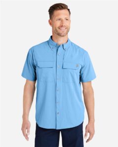 HUK H150183 Men’s Creekbed Short Sleeve Shirt – Marolina Blue (on model)