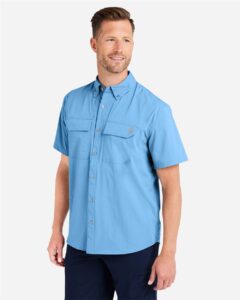 HUK H150183 Men’s Creekbed Short Sleeve Shirt – Marolina Blue (on model side)