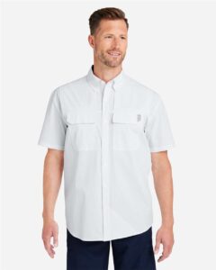 HUK H150183 Men’s Creekbed Short Sleeve Shirt – White (on model)